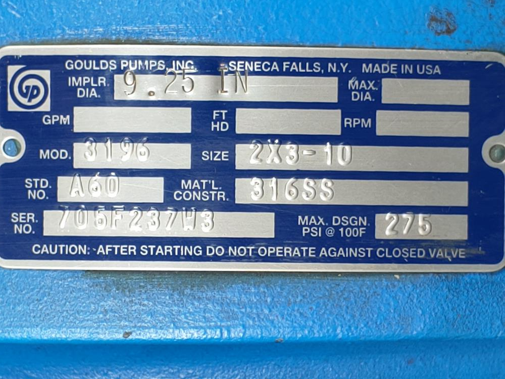 Goulds 3196 i-Frame Centrifugal 316SS Pump 2" X 3" - 10" **CLEAN USED***