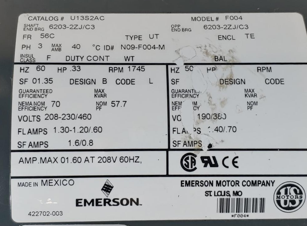 Emerson .33 HP Motor Model: F004, Cat: U13S2AC, Volts: 208-230 / 460 