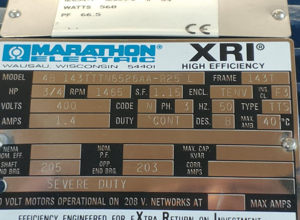 Marathon XRI High Efficiency Super Duty 3/4HP Motor RPM1465/400 Volts/146T FR
