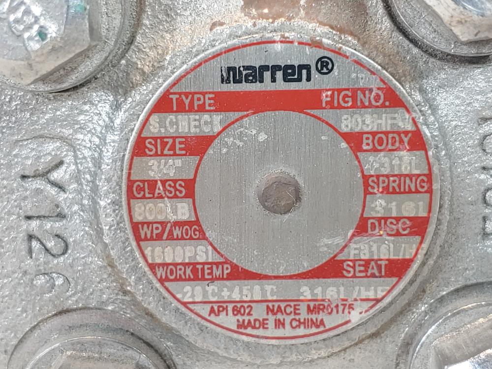 Warren 3/4" 800# Threaded 316 Stainless Steel Swing Check Valve 803HF-T