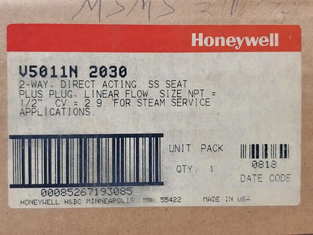 Honeywell V5011N 2030 1/2"  2-Way Direct Acting Linear Flow Valve 