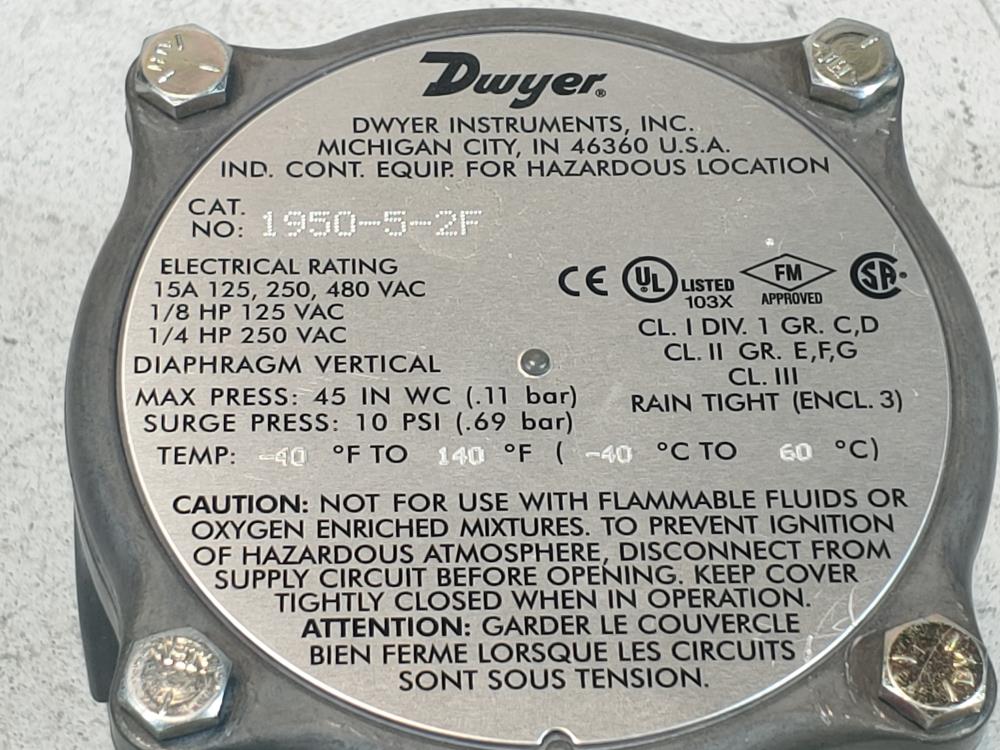 Dwyer Explosion Proof Differential Pressure Switch Catalog#: 1950-5-5F