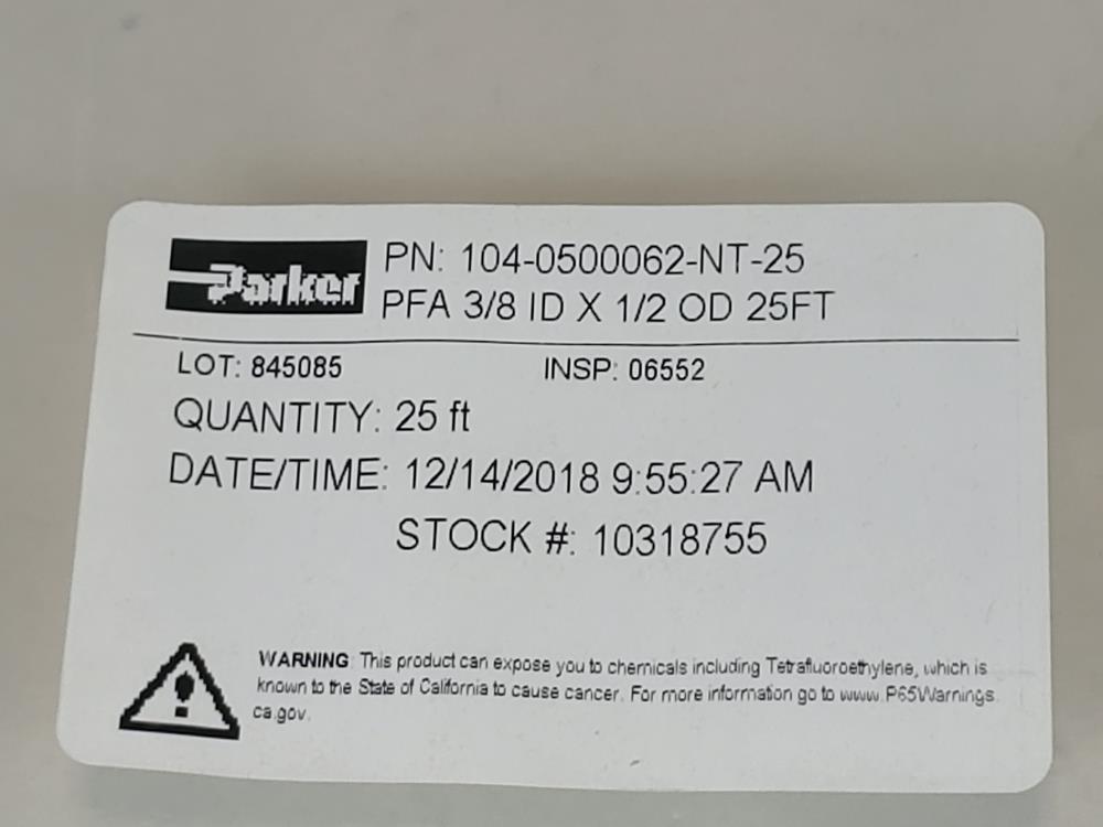 Parker 25'  PFA Tubing 104-0500062-NT-25