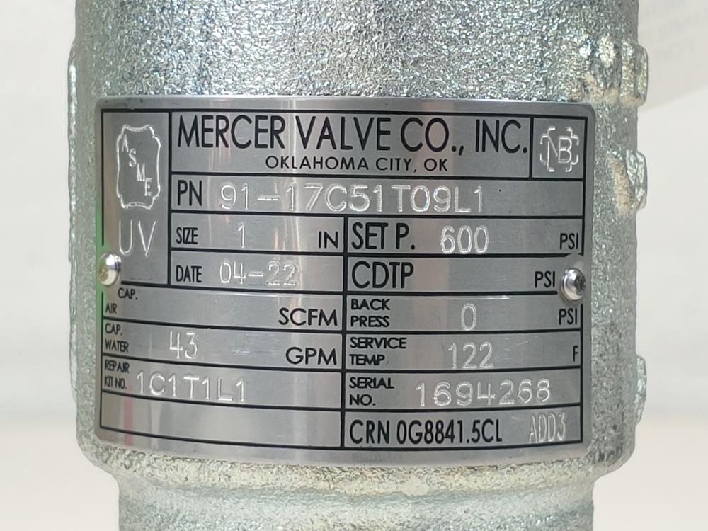 Mercer 1"FNPT X1" MNPT 150# WCB Relief Valve 91-17C51T09L1