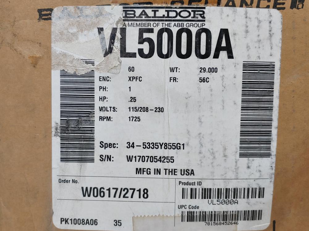 BALDOR Reliance Electric Motor Spec#: 34-5335Y855G1 / Cat #: VL5000A