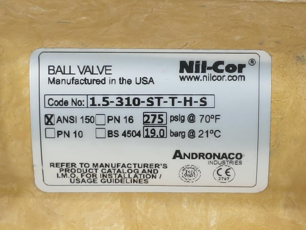 NIL-COR 1-1/2" Fiberglass Ball Valve Model#:1.5-310-ST-T-H-S