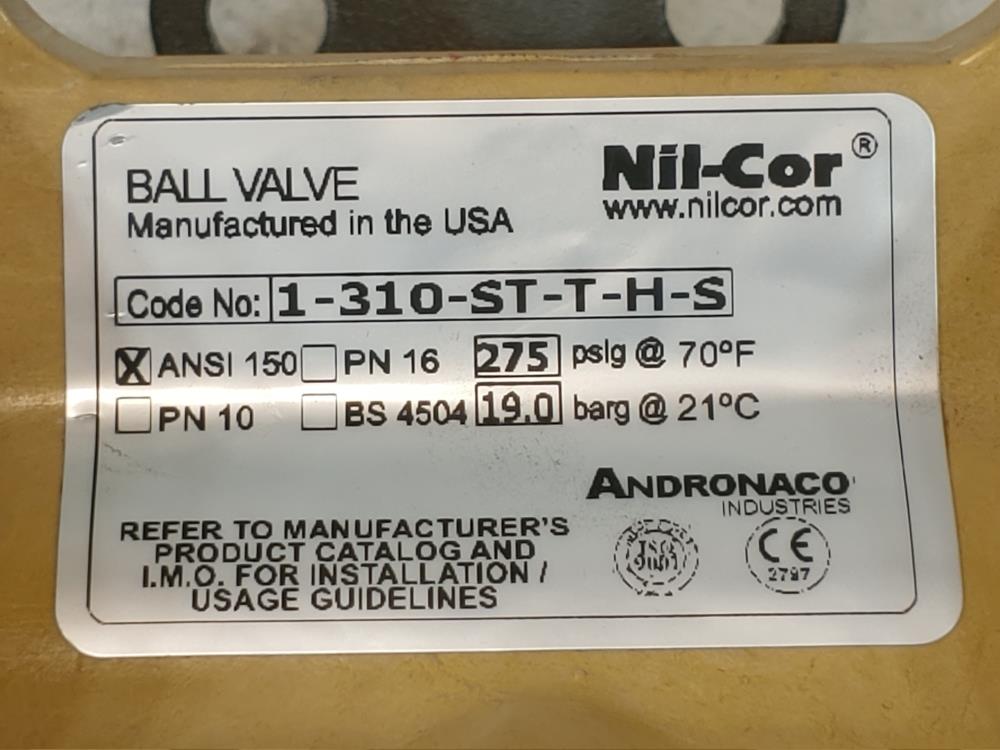 NIL-COR 1" Fiberglass Ball Valve Code#: 1-310-ST-T-H-S