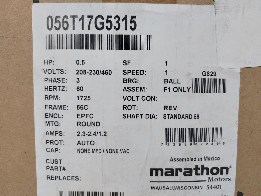 Marathon Electric Motor VL 56T17G5315D K HP 0.5 Volts 208-230/460
