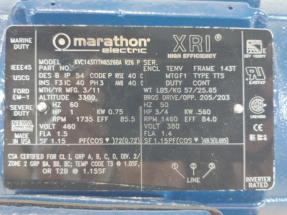 Marathon Electric Severe Duty Motor 1HP(460V), 3/4HP(380V) 143TTTN6526BA R26 P