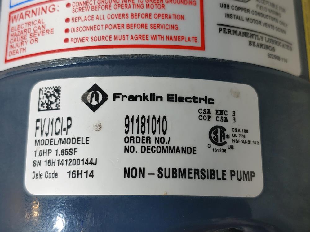 Franklin Electric Shallow Well VersaJet Series Jet Pump FVJ1CI-P w/ Motor 1.0 HP