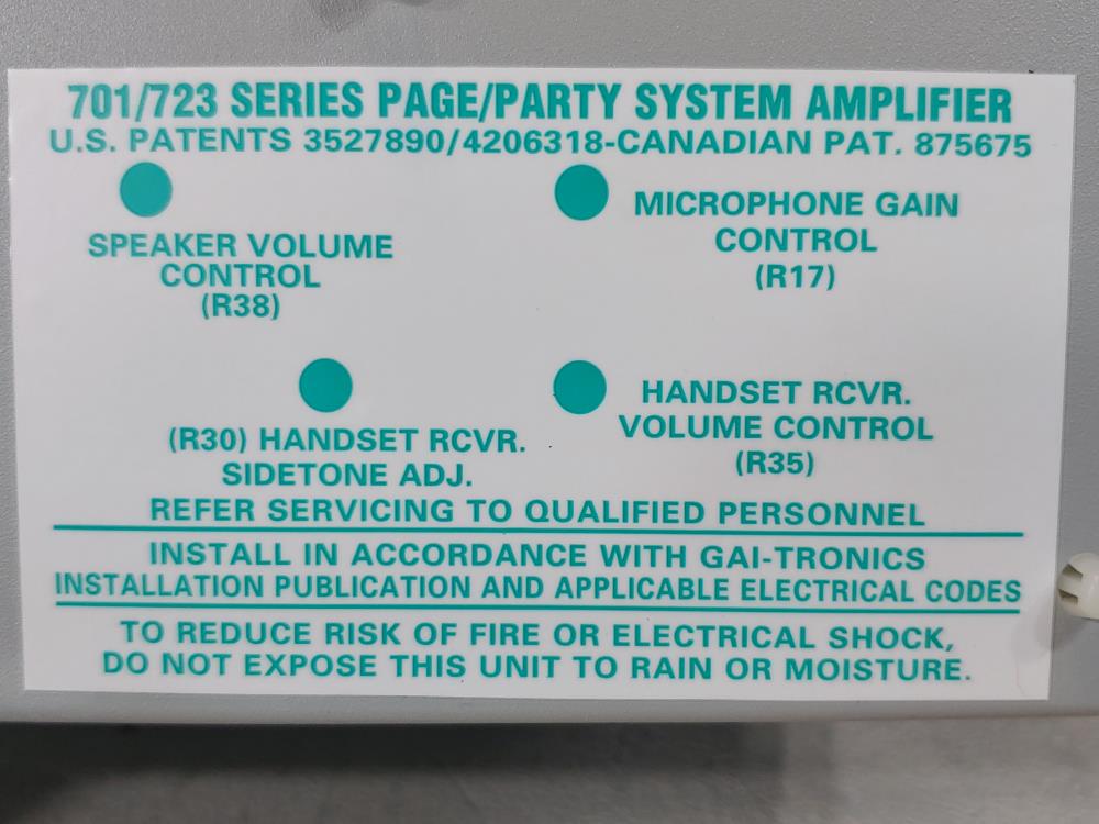 GAI-TRONICS 723-001 Series Page/Party System Amplifier