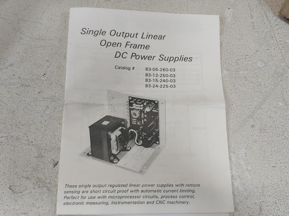 Sola Single Output Linear Open Frame DC Power Supplies 83-24-225-03 