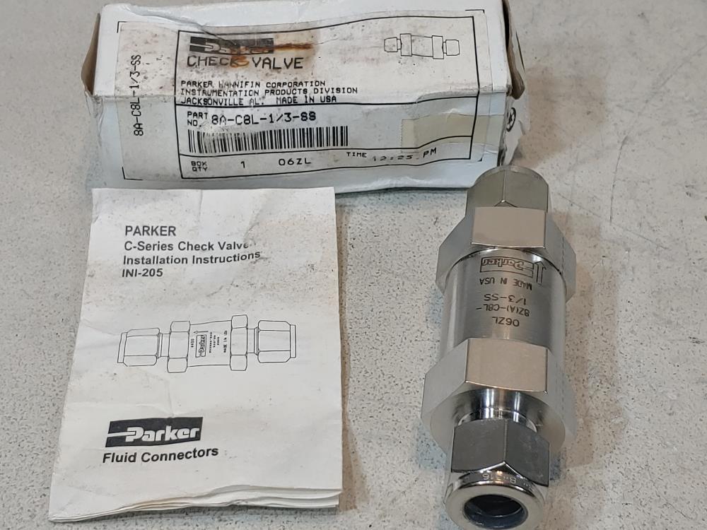 Parker 1/2" A-Lok C-Series Check Valve 8A-C8L-1/3-SS 