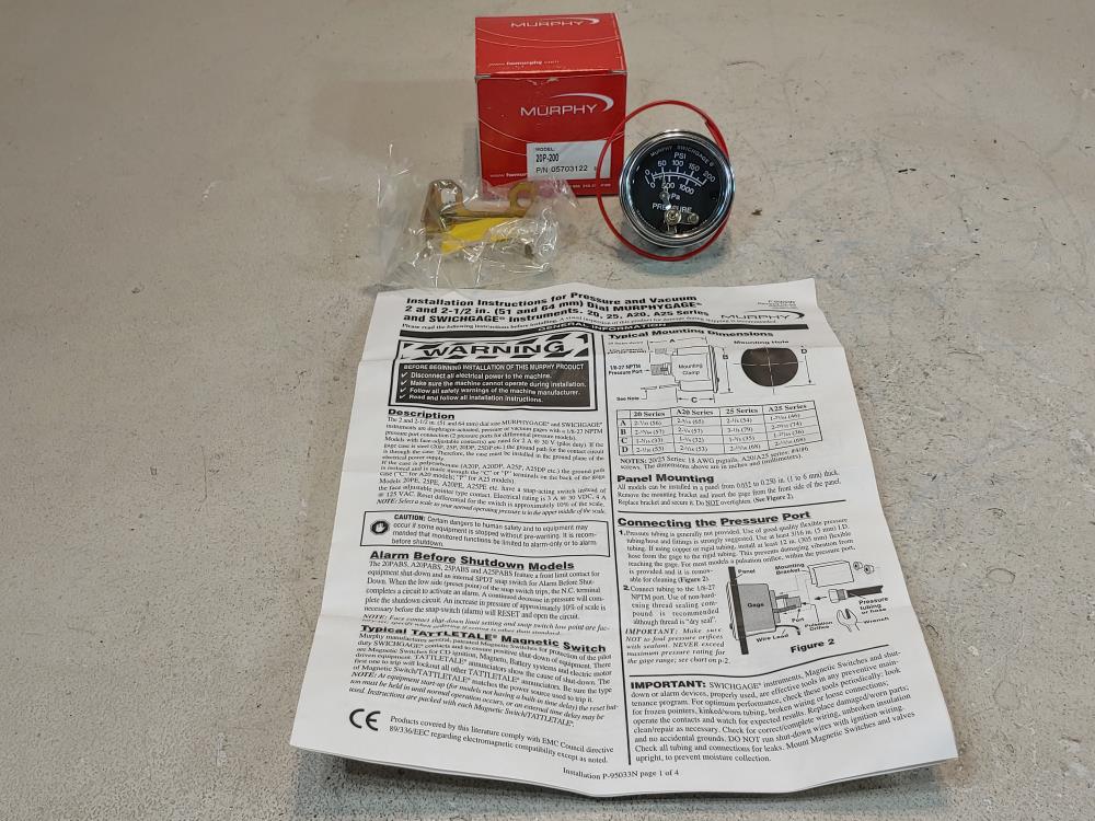 Lot of (2) Murphy 2" Pressure Swichgage 20P-200  P/N:  05703122