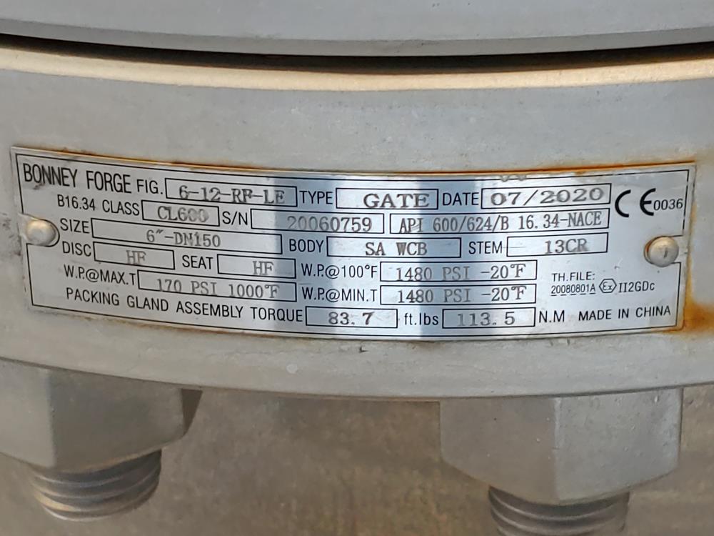 Bonney 6" 600# RF WCB Gate Valve