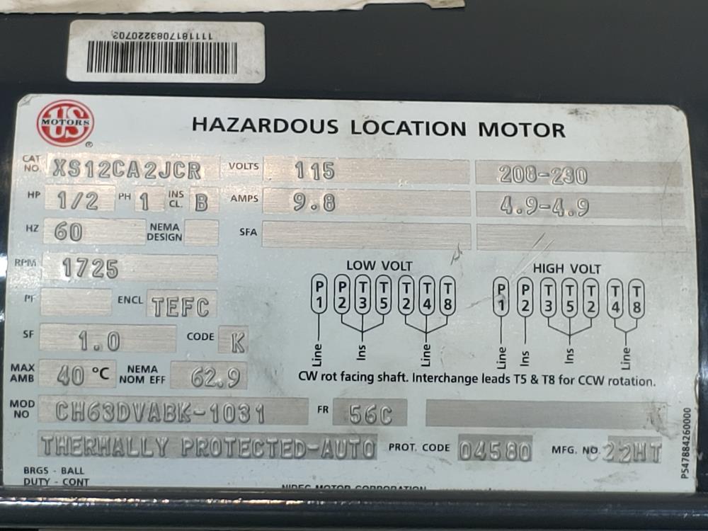 US Motors 1/2HP Motor CH63DVABK-1031 / XS12CA2JCR