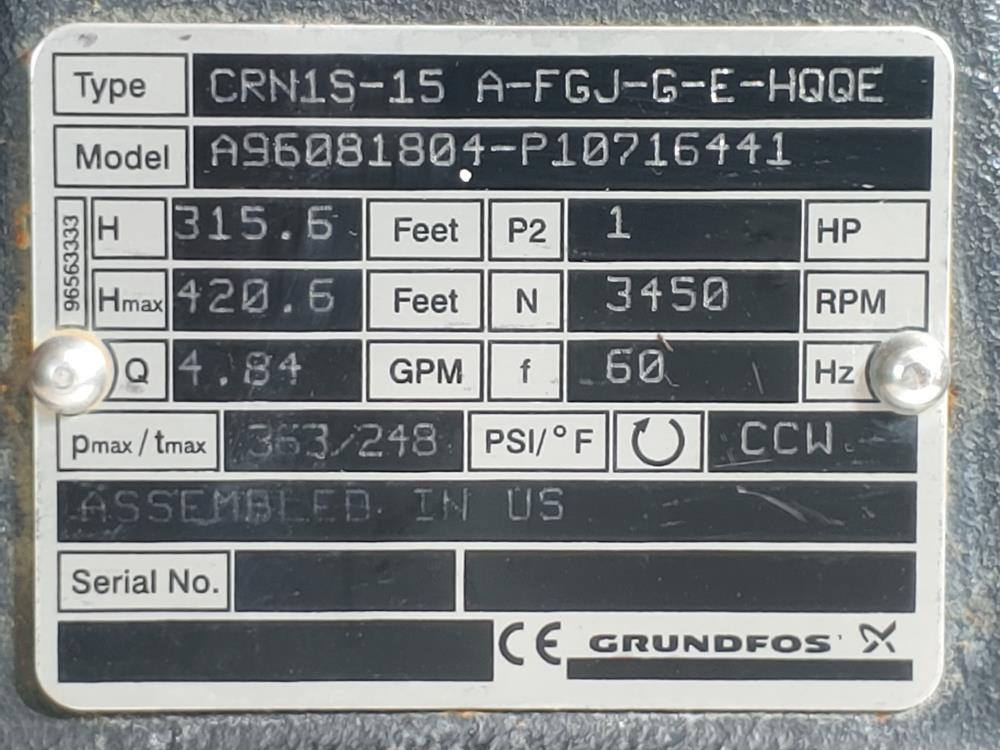 Grundfos 1" Centrifugal Pump A96081804-P10716441 CRN1S-15-A-FGJ-G-E-HQQE w/1HP 