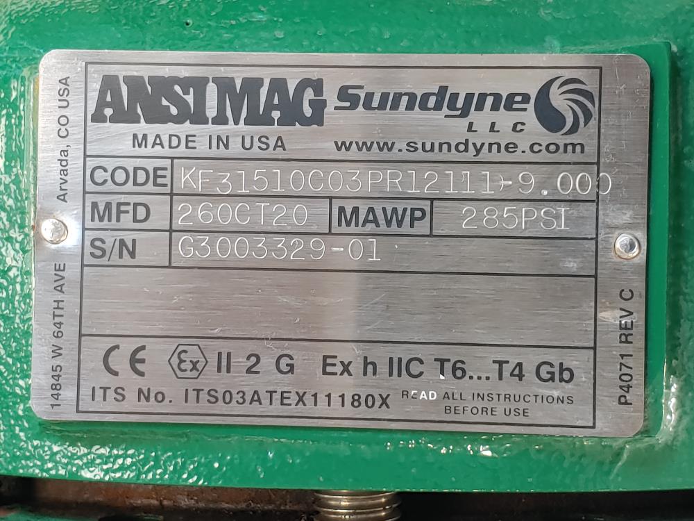 ANSIMAG Sundyne 2 x 3" Lined CS Magnetic Drive Pump KF31510C03PR12111-9.000
