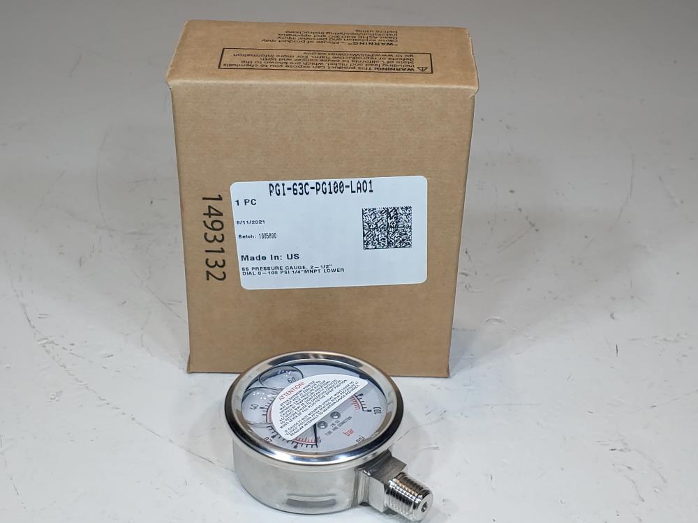 Swagelok 2-1/2" Face SS Pressure Gauge 0-100 PSI 1/4" NPT PGI-63C-PG100-LA01