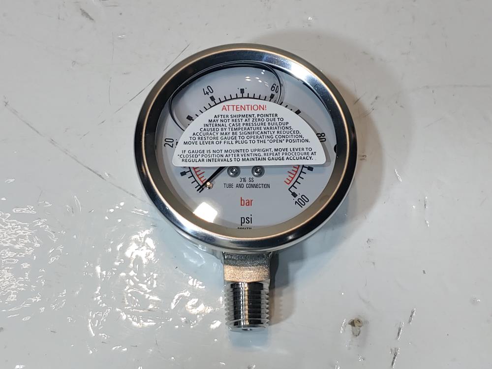 Swagelok 2-1/2" Face SS Pressure Gauge 0-100 PSI 1/4" NPT PGI-63C-PG100-LA01