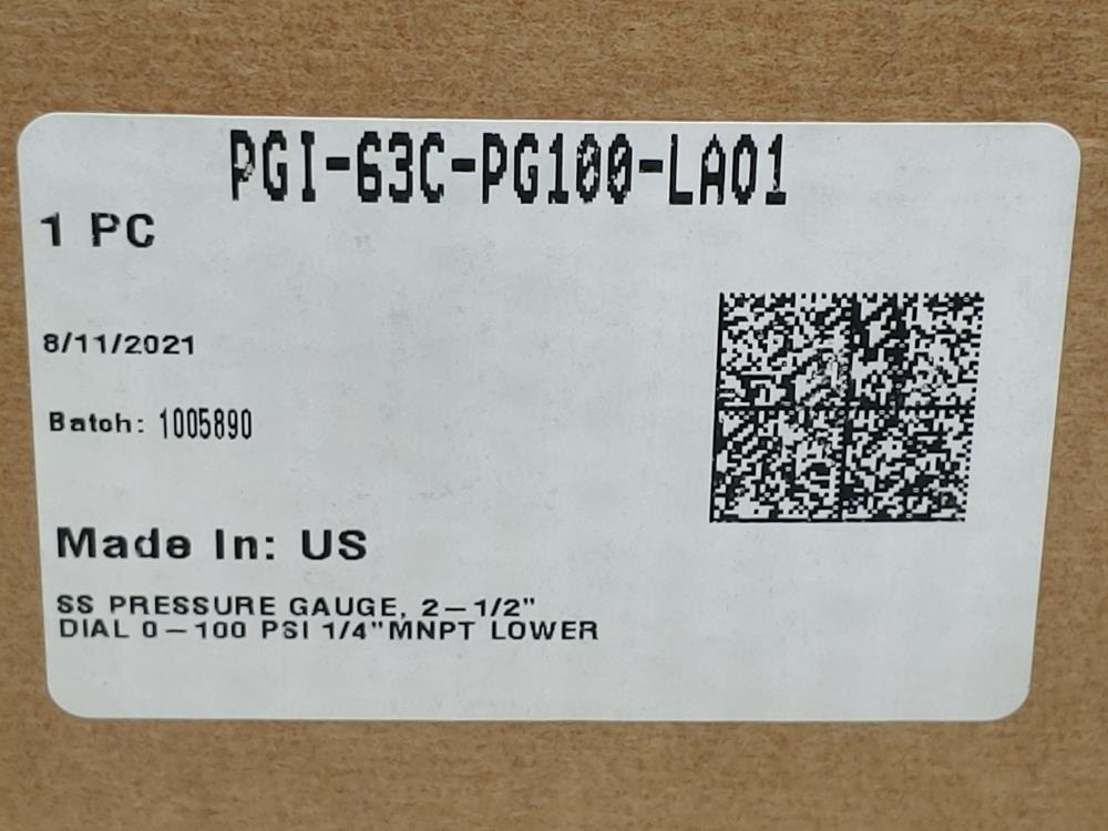 Swagelok 2-1/2" Face SS Pressure Gauge 0-100 PSI 1/4" NPT PGI-63C-PG100-LA01