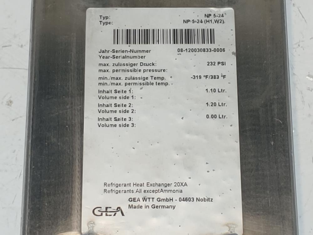 GEA Refrigerant Heat Exchanger TYPE: NP-5-24-( H1-2)