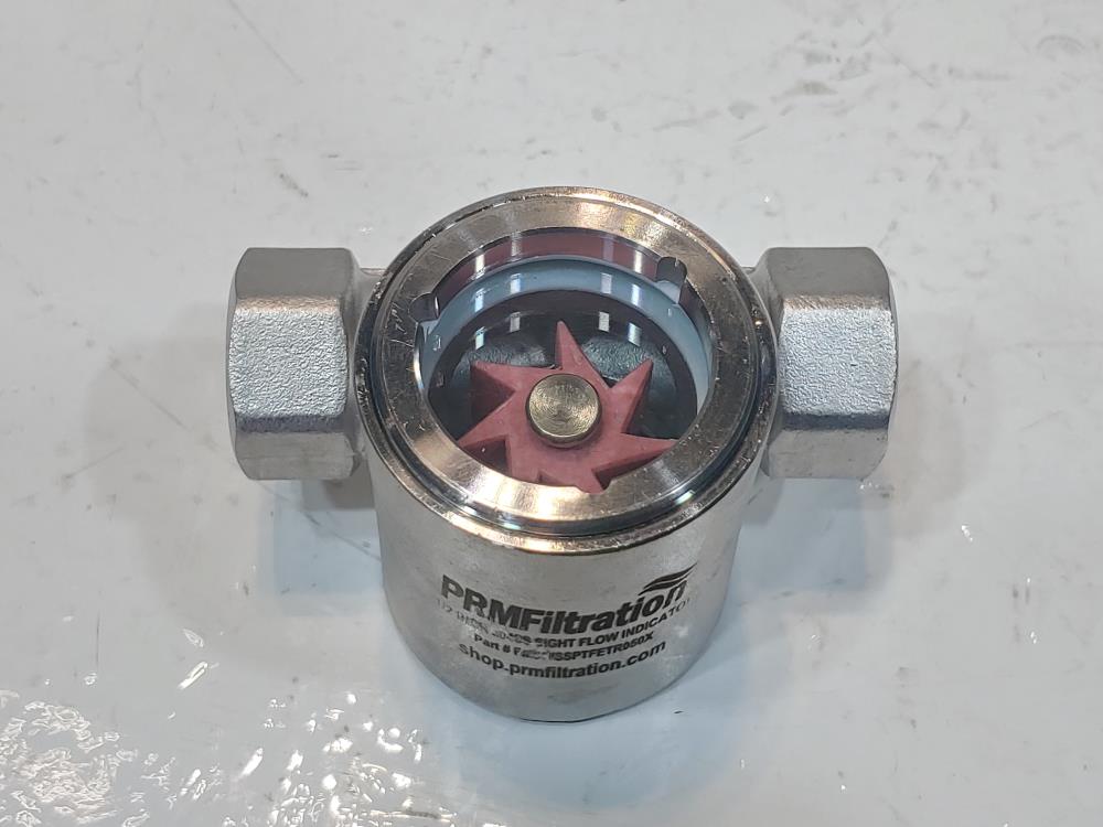 PRM Sight Flow Indicator, 1/2 Inch, 304 Stainless Steel, PTFE Seal and Impeller