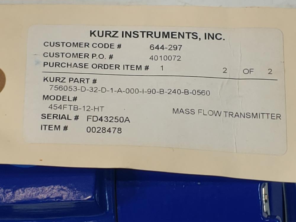 KURZ Flow Meter 454FTB-12-HT with Mass Flow Transmitter