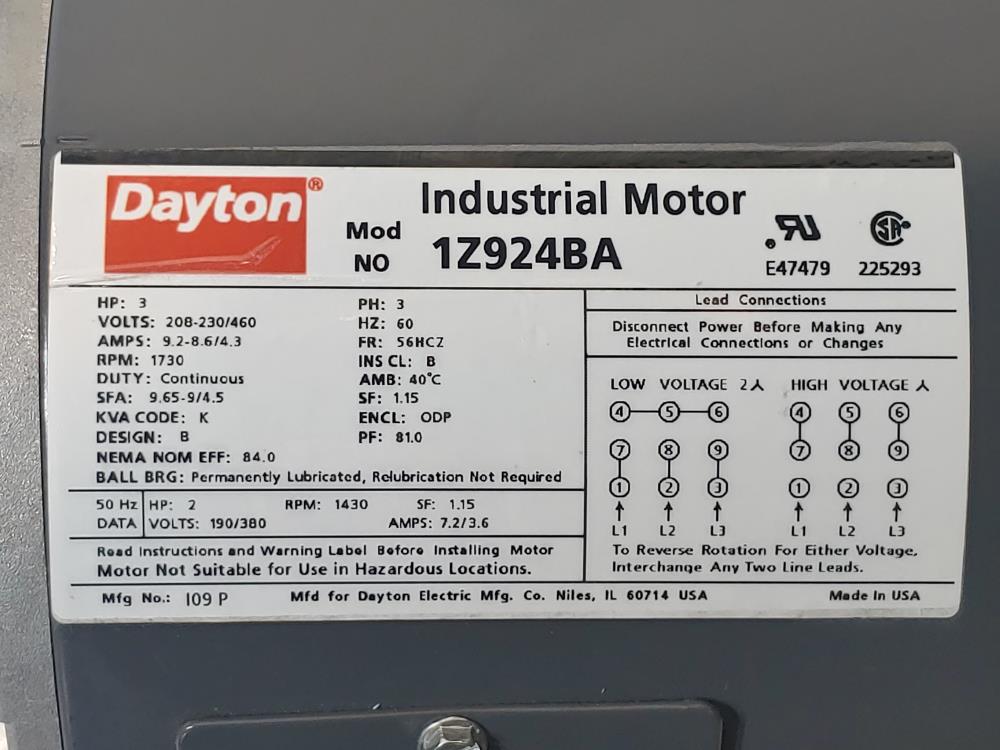Dayton Industrial 3 HP Electric Motor 1Z924BA