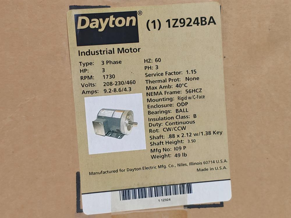 Dayton Industrial 3 HP Electric Motor 1Z924BA