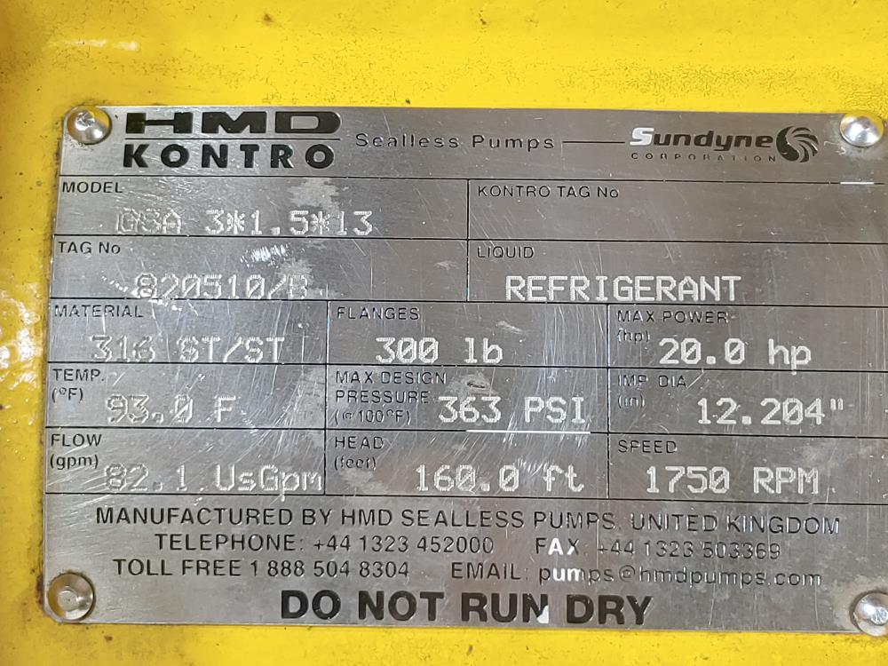 Sundyne HMD KONTRO Model: GSA 3*1.5*13 Sealless Pump