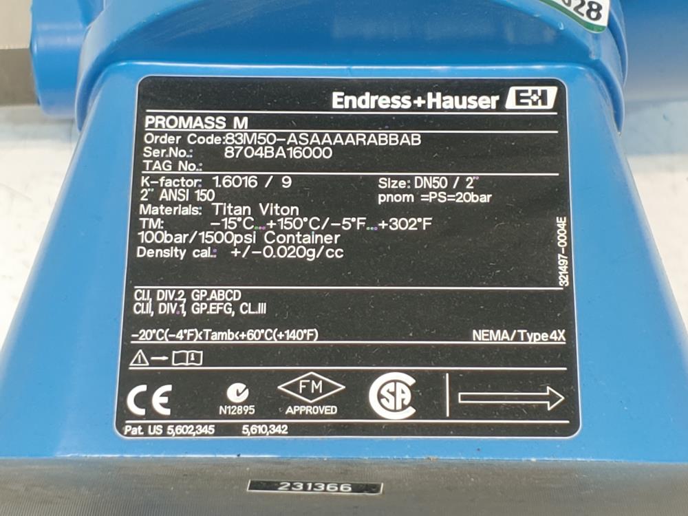 Endress Hauser Promass83M 2" 150# Coriolis Flowmeter 83M50-ASAAAARABBAB