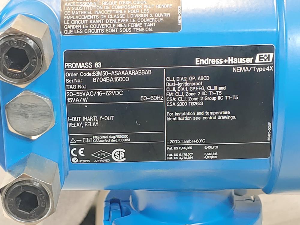 Endress Hauser Promass83M 2" 150# Coriolis Flowmeter 83M50-ASAAAARABBAB