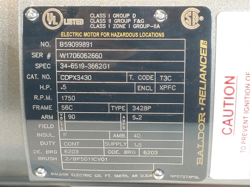 Baldor Reliance .5 H.P CDPX3430 Hazardous Location Electric Motor 