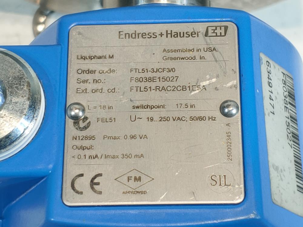 Endress Hauser Liquiphant M Point Level Limit Switch FTL51-RAC2CB1E5A (18")