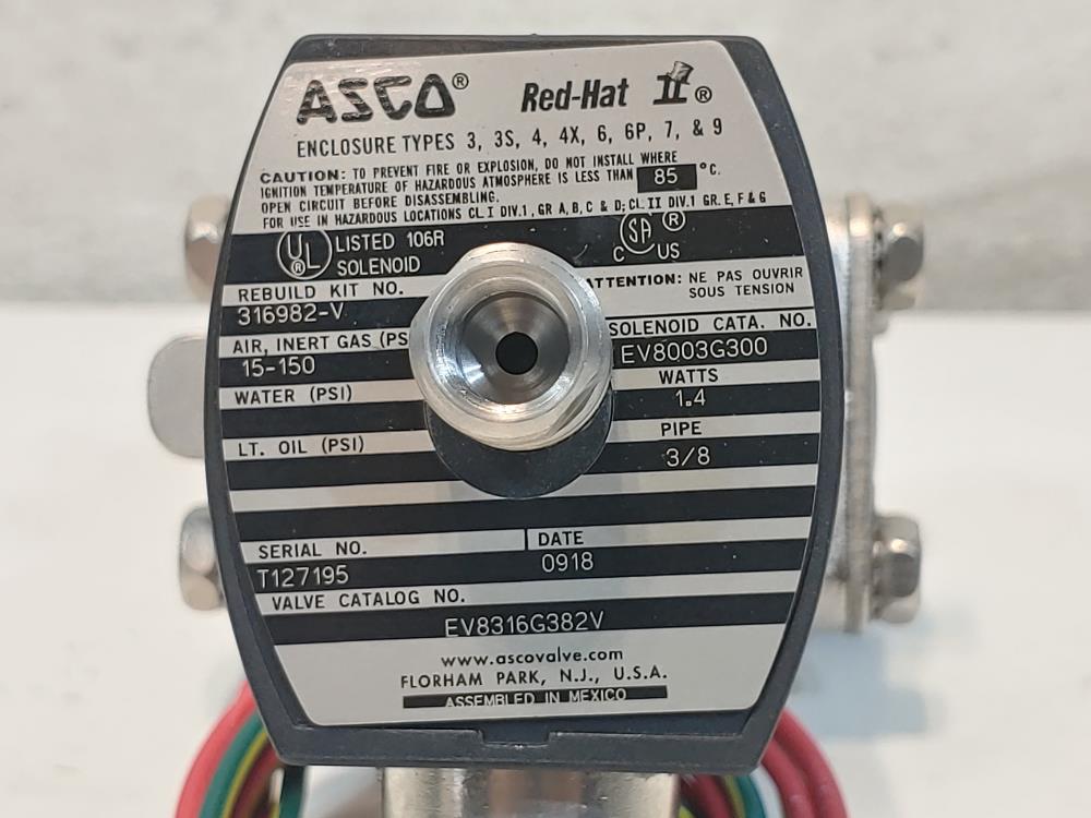 Asco 3/8" NPT 3-Way CF8M Solenoid Valve EV8003G300, EV8316G382V