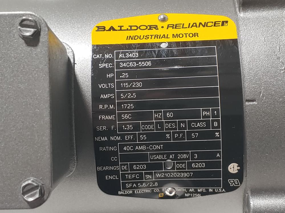 Baldor Reliance Electric Motor 1/4 HP, 115/230V, 1725RPM, 1PH, KL3403
