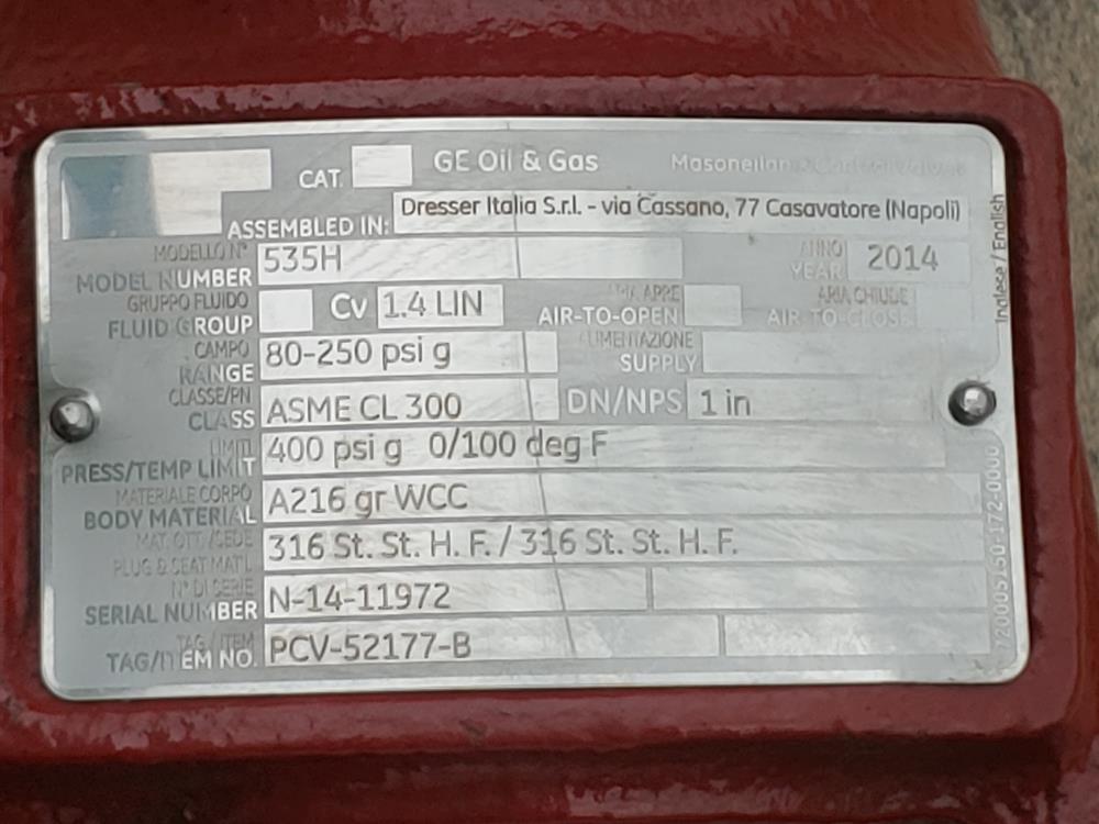 Dresser 535H Pressure Regulator Range: 80-250 PSIG