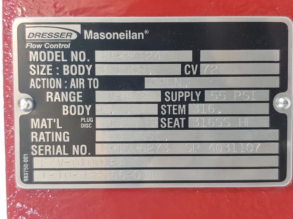 MASONEILAN DRESSER 88-21124  Control Valve 3" 300# Flanged