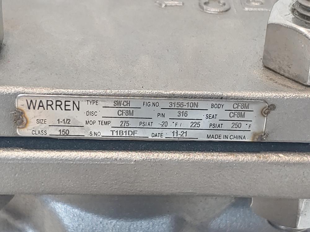 Warren 1-1/2" 150# CF8M RF Swing Check Valve