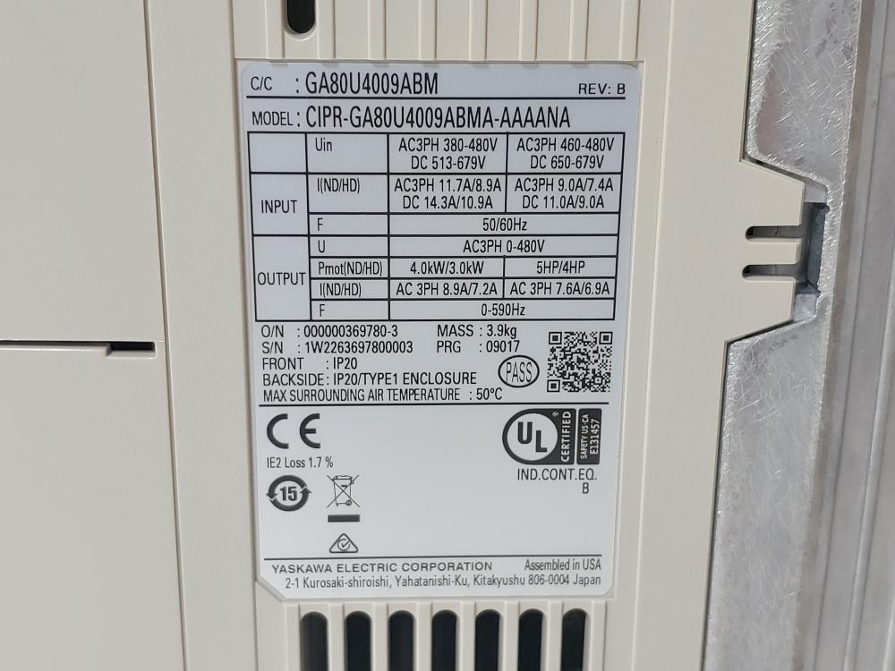 Yaskawa GA800 Variable Frequency Drive CIPR-GA80U4009ABMA-AAAANA