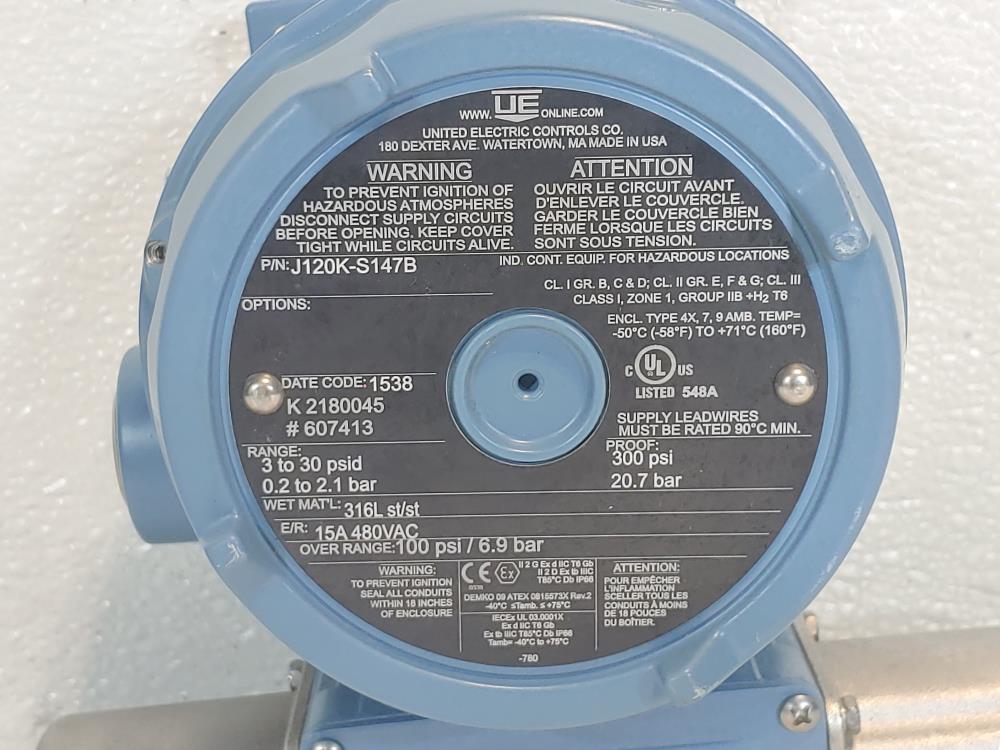 United Electric J120K-S147B Differential Pressure Switch 3 To 30 PSID