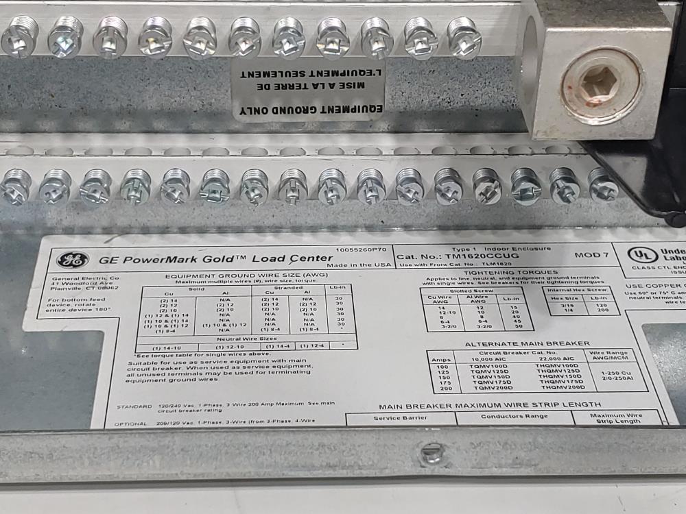GE PowerMark Gold Main Breaker Load Center 200 AMPS Model# TM1620CCUG