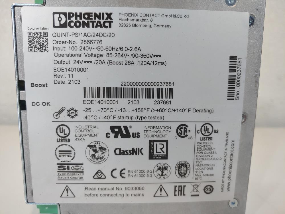 Phoenix DIN Rail Power Supplies QUINT-PS/1AC/24DC /20A