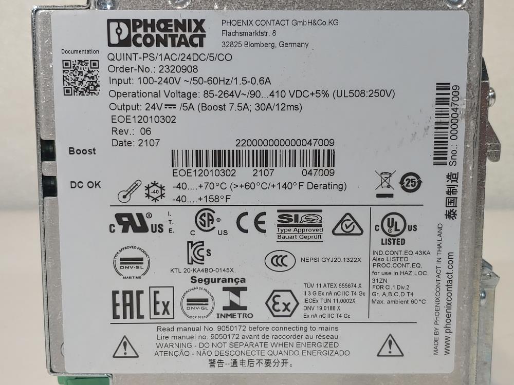 Phoenix DIN Rail Power Supplies QUINT-PS/1AC/24DC/5/CO