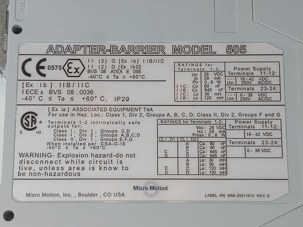 Micro Motion Adapter Barrier Transmitter Output Module Model#: 505