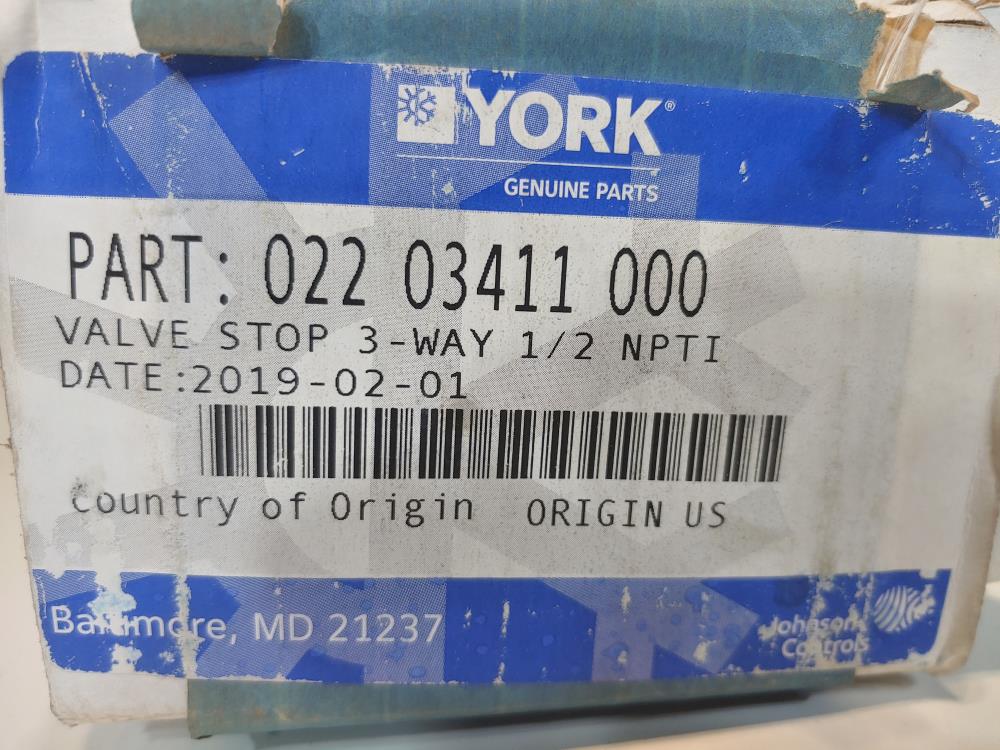 York ( Henry ) 3-Way 1/2" NPT Valve Stop P/N: 022-03411 000