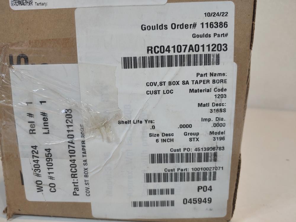 Goulds 6" Taper Bore Stuffing Box Cover PN: RC04107A0112 For 3196 Pump