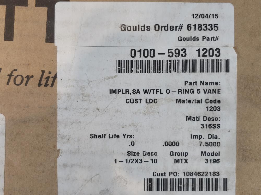 Goulds 3196 1-1/2x3-10 MTX Pump 5-Vane CF8M Impeller  P/N: 54017