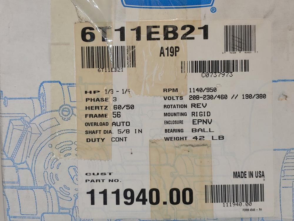 LEESON 6T11EB21F Electric 1/3 - 1/4HP  1140/950 RPM Motor